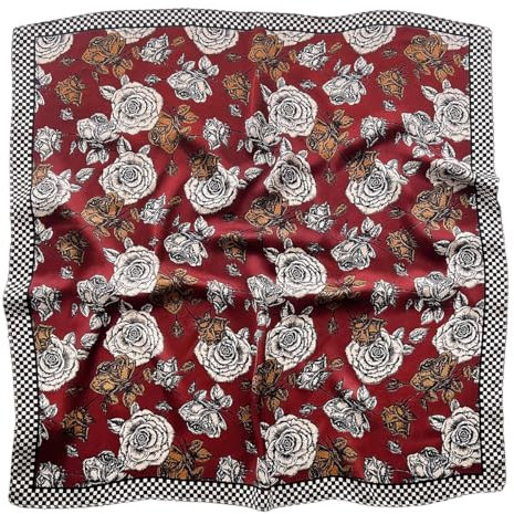 GIMIRO Foulard en Soie Polyester, 70 x 70 cm, Motifs Géométriques et Floraux, Style Élégant, Bandana pour Femmes (Claret Black Plaid White Orange Rose FJ931-4)