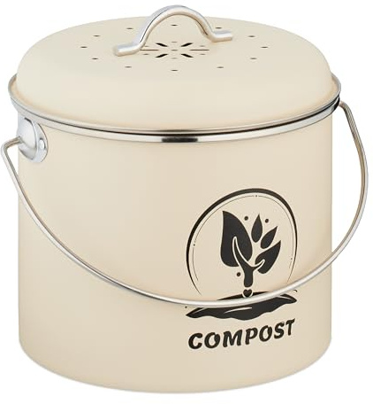 Relaxdays Komposteimer Küche, 3,5 Liter, 2 Aktivkohlefilter, mit Deckel, Henkel, Eisen, runder Biomüllbehälter, Creme
