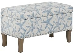 Linon Stephanie Cream and Light Blue Starfish Fully Upholstered Bench with Hidden Interior Storage