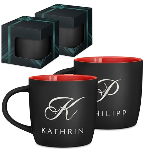 Maverton 2er Keramik Tassen Set mit Gravur, 400 ml, matt schwarz, Innen rot | Tasse personalisiert, Kaffeebecher Teetasse, Hochzeitsgeschenke für Brautpaar, personalisierte Geschenke