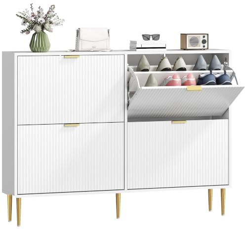 HOMCOM Meuble à Chaussures 20 Paires 4 Tiroirs 105 x 24 x 91,5 cm Blanc | Armoire à Chaussures, Portes Cannelées, Étagères Réglables, Style Moderne, pour Couloir, Entrée
