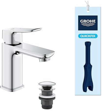 GROHE Dice, Waschtischarmatur, wassersparend (Wasserhahn für das Bad, Badarmatur mit Push-Open Ablauf, 15cm hoch, mit 3in1 Werkzeug, einfache Installation am Waschbecken), chrom, 1018570000
