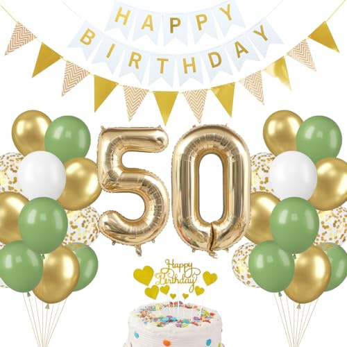Vuemhjaey 50 Geburtstag Deko set für Männer & frauen - 32 Zoll Folienballon, Luftballons in Grün & Gold, Herz Tortendeko, Banner & Flagge - Perfekt für Servietten 50. Geburtstag