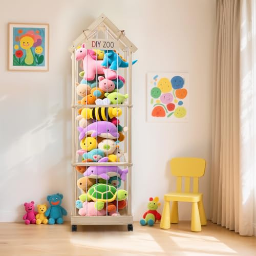 Jradse Kuscheltier Aufbewahrung 146x47x35CM, MINENICE Plüschtier Aufbewahrung aus Massivholz mit 360° Feststellbaren Lenkrollen für Babyzimmer, Wohnzimmer, Schlafzimmer, Kinderzimmermöbel