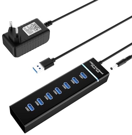 USB Hub 3.0 mit Netzteil – Aktiver 7-Port USB-Hub für PC und Laptop | Mehrfachstecker USB Verteiler für schnelle Datenübertragung mit Flash Drives und Mobile HDDs