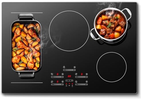 KICHPOWER Plaque Induction 5 feux avec 1 Flexzone, Table induction encastrable 77 cm, Plaque à induction 9500W, 9 niveaux de puissance avec Booster, Commande tactile et Slider, Minuteur 1-99 min