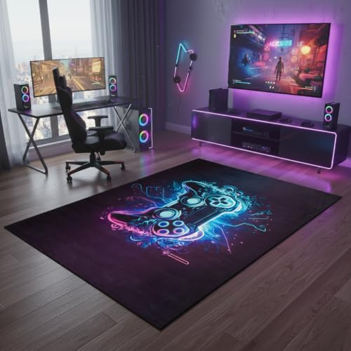 TAPISO Cosmo Game Gamer Teppich Jugendzimmer | Neon Controller Motiv | Gaming Teppich für Jungen | Modern, rutschfest, Kurzflor, Pflegeleicht, Strapazierfähig, Für Gaming Room Büro 200 x 300 cm