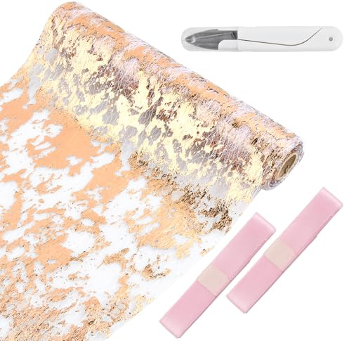 Rose Gold Table Runner, 28 cm x 10 m Modern Spring Table Runner, Wedding Tablecloth Fabric with 2 Coloured Ribbons, Table Decoration for Weddings, Birthdays, Christmas, Parties, Christenings