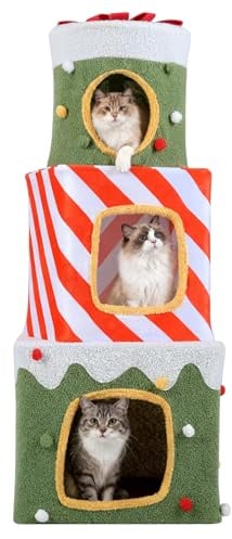 SOARS Katzenhöhle Weihnachten, 120 cm hohes Katzenhaus mit 3 Höhlen, Katzenturm in Geschenkbox-Optik für Indoor-Katzen, Katzenmöbel