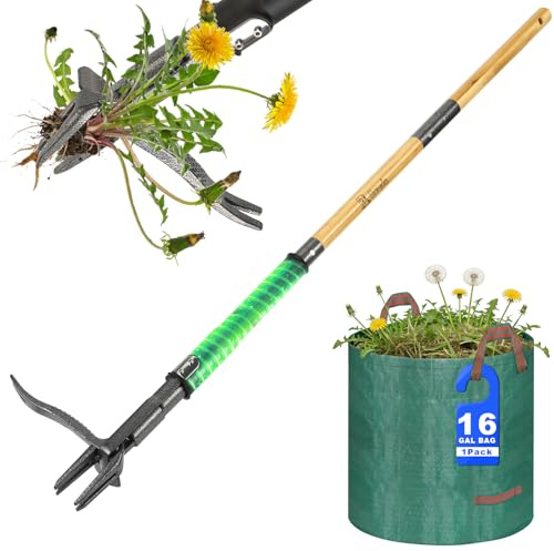 Bamda Weed Remover Tool, Heavy Duty Weed Puller Root Remover with 4-Claw Steel Head & Dual-Eject Mechanism, 110.5cm Bamboo Long Handle Stand Up Weeding Tools for Garden & Lawn, Includes 60L Leaf Bag