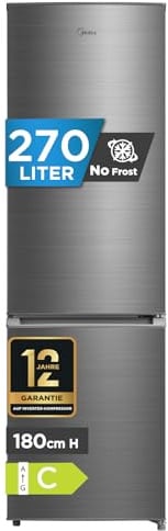 Midea Kühl-Gefrierkombination |270L Kühlschrank mit Gefrierfach | NoFrost, Inverter Kompressor, Super-Kühlfunktion, Multi-air Flow| Leise 38 dB, 140 kWh/Jahr | 180 cm Höhe, ‎Bru-stahl, MERB276FGC46EU