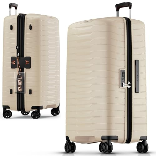 Stratic NOVIUM Hartschalenkoffer – Trolley mit 4 Rollen, TSA-Zahlenschloss, erweiterbar, aus Polypropylen, Innenfutter aus recyceltem PET, ohne Fronttasche,Größe L, Sand