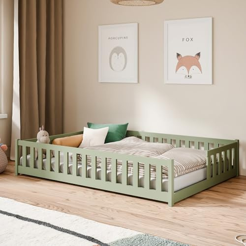 Kids Collective Kinderbett Bodenbett mit Rausfallschutz & Lattenrost Montessori Bett Bed Gitterbett Kinder Jugendbett Einzelbett | 140x200 cm | Olivgrün