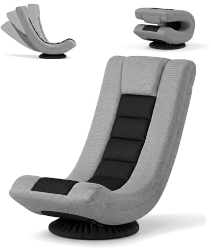 Multigot Folding Floor Chair, 360° Swivel Single Lazy Sofa Recliner with 4-Position Adjustable Backrest, High Back Floor Gaming Chair Padded Sleeper Recliner for Living Room Bedroom (Black+Grey)