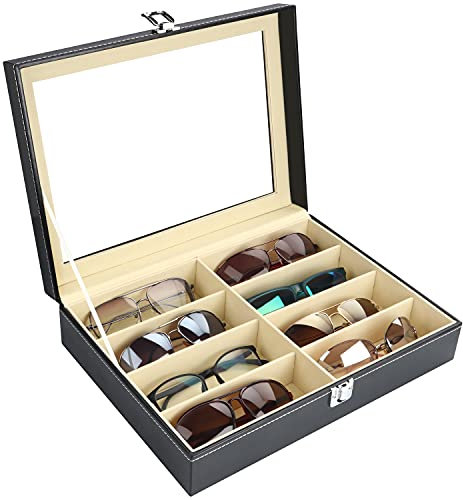 Kurtzy Scatola Porta Occhiali da Sole in Ecopelle con Serratura - 8 Scomparti per Occhiali - Organizer Occhiali da Sole e da Vista Nero - Portaocchiali Multiplo per Occhiali, Gioielli ed Orologi