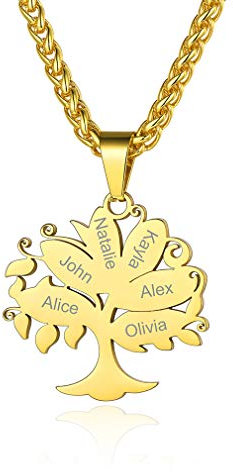Custom4U Collier Personnalisé 6 Prénoms, Pendentif Arbre de Vie Plaqué Or en Acier Inoxydable,Bijoux Gravé Noms de Famille,Enfants,Chaine Ajustable 55+5 cm,Cadeau Anniversaire Femme Maman,Grand Mère