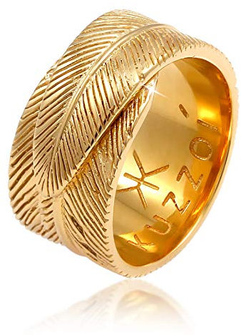 Kuzzoi Massiver Herrenring (14mm) golden im Feder Design, Bandring für Männer aus 925 Sterling Silber vergoldet, Ring im Vintage Look für Männer in der Ringgröße 60, 0606831520_60