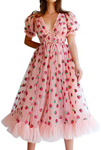 Onsoyours Damen Sexy Erdbeere Sweet Mesh Mode Kleid Casual Pailletten V-Ausschnitt Pleated Elegante Maxi-Rock Kurzarm Cocktailkleid Partykleid Ballkleid A Rosa L