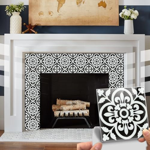 Easy Apply just Peel and Stick Backsplash Tile Stickers Black and White Talavera Wall Floor Decals 8X8/pc- 16pc/Pack