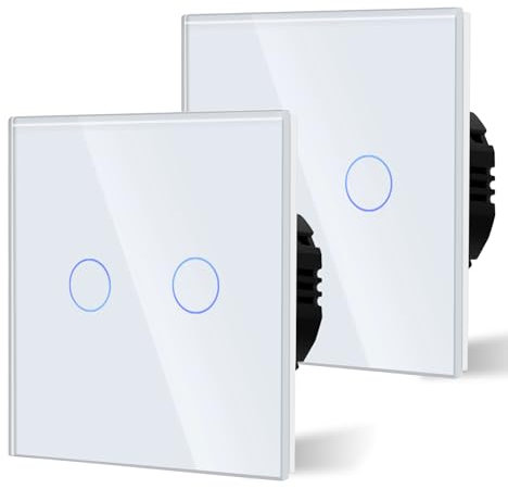 BSEED 2 Gang 2 Voie Interrupteur Général à Commande Tactile, Interrupteur Mural à Commande Tactile Avec Indicateur LED et Panneau en Verre 110V-240V Blanc, 2 Paquets
