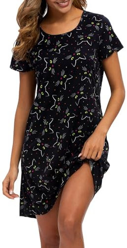 ENJOYNIGHT Womens Nighties Short Sleeve Nightshirt Soft Nightdress for Ladies Summer Loungewear Casual Nightwear (XX-Large,Black Cat)