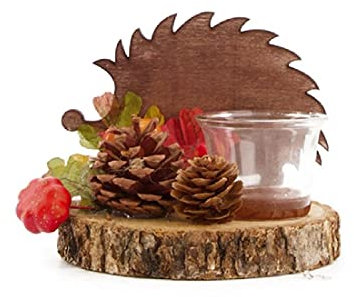 Decpero Herbstdeko Igel auf Holzscheibe inkl. Teelichtglas Ø12cm H14cm Baumscheibe Deko