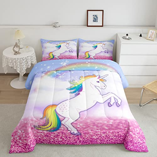 Loussiesd Dreamy Einhorn-Tagesdecke, Doppelbettgröße, für Kinder, Mädchen, Rosa, Lila, gesteppt, Set für Damen, Farbe Regenbogenpferd, mit 1 Kissenbezug, weiche Mikrofaser, Winter, Sommer