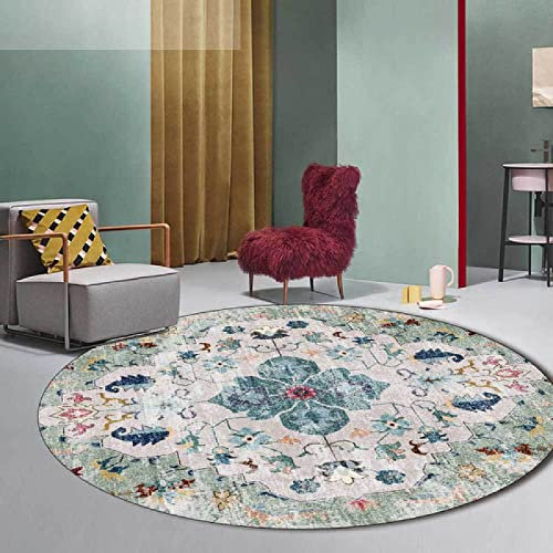 SRTJURFG Teppich Rund rutschfest Waschbar Küchenteppich Rustikales Vintage-Blumen-Hellgrün für Wohnzimmer Kinderteppiche Runden Groß Schutzmatten ø 100CM