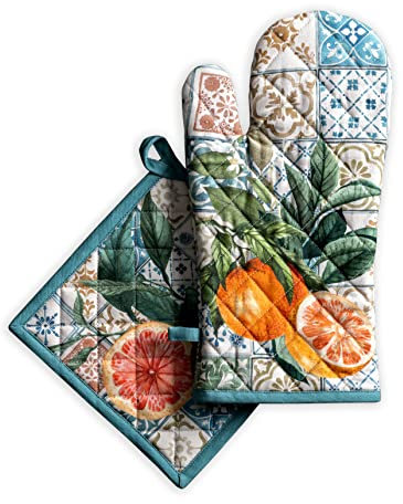 Maison d 'Hermine Agrume Set guanti da forno 100% cotone (19cm x 33cm) e presine (20cm x 20cm) per barbecue, cucina, alla griglia, microonde, primavera/estate, Festa della mamma