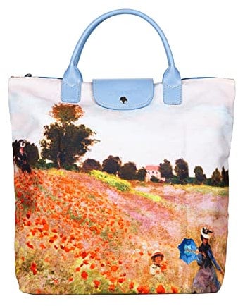 Signare Canvas Foldable Tote Bag Reusable Shopping Bag Grocery Bag with Famous Art Design… (Monet - Poppy Field)