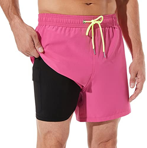 ineepor Costum Bagno Uomo 2 in 1 con Pantaloncini Bagno Uomo con Fodera a Compressione con Tasca con Cerniera Corta Pantaloncini Surf Pantaloncini,Rosa Brillante,XS