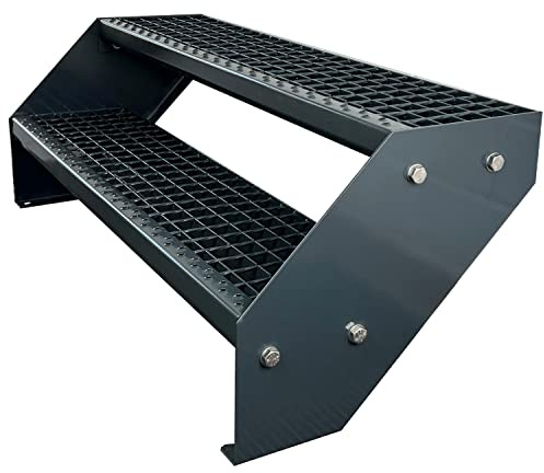 Kaminbau Mierzwa Premium Stahl Treppe Verzinkt & komplett Anthrazit Pulverbeschichtet 2 Stufen (Breite 140 cm) (Höhe 38 cm) Wetterfest Gitterroststufe Gartentreppe