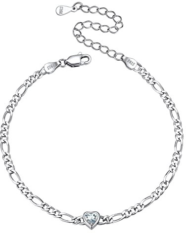 ChicSilver Herz Armband für Damen, 925 Figarokette Armkette mit Diamant Geburtsstein, Boho Armschmuck mit Geburtsstein für Strand, Schmuck für Frauen Mädchen
