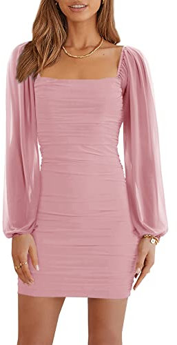 Wenrine Robe moulante en maille à manches longues et col carré pour femme - Coupe ajustée - Pour fête, cocktail, club, Rose, XL