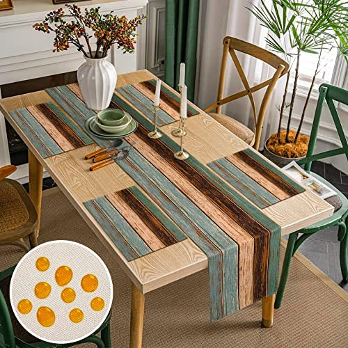 Tischsets und Tischläufer Sommer 4er Set - Türkis und Braun Hölzern Streifen Platzset Abwaschbar - Outdoor Wetterfest Landhausstil für Esstisch Dekor 33x183cm