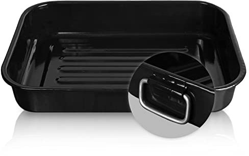 Krüger Emaille-Grill- und Auflaufform schwarz 34 cm - schnitt- & kratzfeste Grillform - backofengeeignet bis 240°C - ideal für Braten, Hähnchen, Kartoffeln, Lasagne & zum Überbacken (34 x 24 x 6,5 cm)