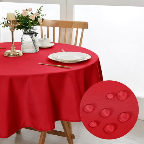DWCN Rot Tischdecke Rund 180cm Fleckschutz Abwaschbar Tischwäsche Waschbar | Wasserdicht Tischtuch Kratzfest Outdoor-Tischdecken für Esszimmer,Garten,Party,Hochzeiten oder Haushal Weihnachten Neujahr