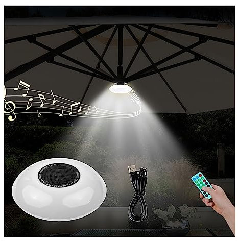 RUYICZB Luci per ombrellone 3 in 1 Altoparlante BT Radio FM LED Luci per ombrellone Ricaricabili Senza Fili con Telecomando 3000K Luce Calda e 6500K Luce Bianca per Tenda da Campeggio Patio