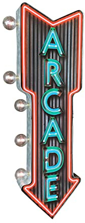Arcade doppelseitiges Festzeltschild mit Neon-Druck und LED-Leuchtmitteln, Vintage-inspirierte Retro-Dekoration für Zuhause (66 x 7,6 x 20,3 cm)