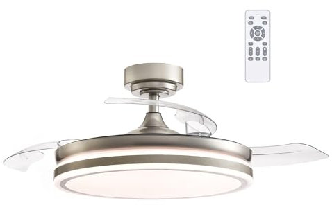 wonderlamp - Ventilador techo LED ILSA con Aspas Retráctiles, Motor DC Silencioso, 3 CCT Regulable 45W, Níquel