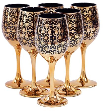 CretFine Black and Gold Wine Glasses Set of 6, Colored Long Stemmed and Rimmed Decorative Fancy Glassware Goblets for Gifts, Wedding, Festival, Birthday, Thanksgiving, 12oz