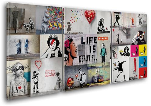 Giallobus - Große Gemälde im XXL-Format - Banksy - Street Art - Collage 1 - Leinwand - 308x140cm | 3pcs. x 100x140cm - Moderne Gemälde für zu Hause