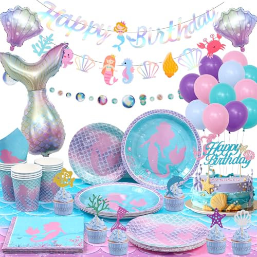 vamei Meerjungfrau Geburtstag Deko Meerjungfrau Partygeschirr Set Meerjungfrau Kindergeburtstag Deko mit Luftballons Tischdecke Pappgeschirr Pappteller Cupcake Topper für 16 Gäste