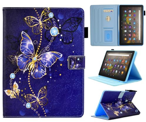 BYCeKe Case for All-New Amazon Fire HD 10 & HD 10 Plus Case (13th/11th Generation, 2023/2021 Release) 10.1 Slim PU Leather Stand Cover with Pencil Holder and Smart Auto Wake/Sleep, Blue Butterfly