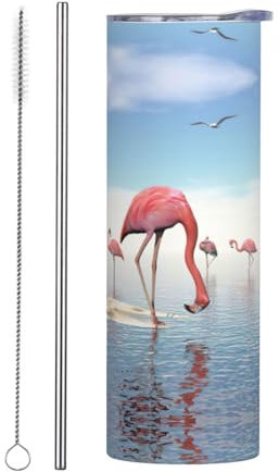 MDATT Taza térmica con estampado de flamencos rosados en la playa con pajilla, de acero inoxidable de 20 onzas, botella de agua de viaje al vacío
