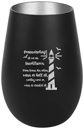 Der-Porzellan-Laden Windlicht mit Gravur Freundschaft ist wie EIN Leuchtturm, Schwarz Silber, Teelichthalter aus Glas mit Spruch, Tischdeko modern
