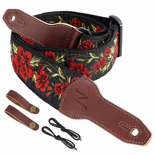 Nefelibata Banjo-Gurt, 2 breit, Vollnarbenleder Jacquard bestickt, verstellbarer Ersatz, Gitarrengurt mit Kopfplatten-Seil und Leder-Stirnband (große rote Stickerei)