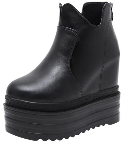 Wsbjbo Stivaletti Corti con Zeppa Nera da 14 Cm con Suola Spessa E Cinturini Interni per Una Maggiore Altezza del Tacco Alto,Nero,38 EU