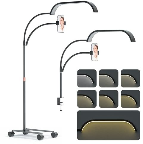 Lmaqfum Lampade da Terra per Ciglia, 2 in 1 Lampada Mezza Luna Estetica con Supporto per Telefono e 50 cm Braccio Oscillante, 7 Colori e Oscuramento Continuo per Extension Ciglia, Tatuaggi, Nail Art