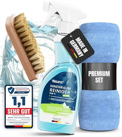 Treufix - Auto Innenraum Reiniger und Cockpitpflege Auto [Profi Set inkl. Polsterbürste & Mikrofasertuch] Polsterreiniger Auto für Display, Armaturen, Sitze, Lenkrad u.v.m 500ml - Made in DE